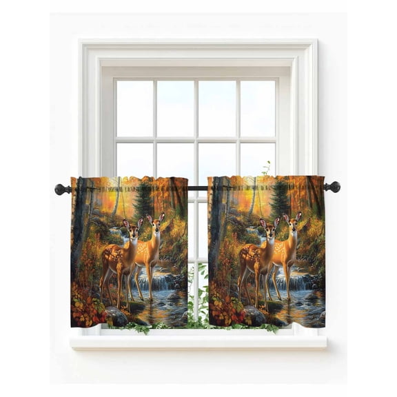 Orange Autumn Deer Tier Curtains 24 Inch Length, Sheer Curtains for Bedroom Living Room Window Forest Vintage Elk Rod Pocket Voile Drapes Kitchen Curtains Small Half Window 27.5"x24" 2 Panels
