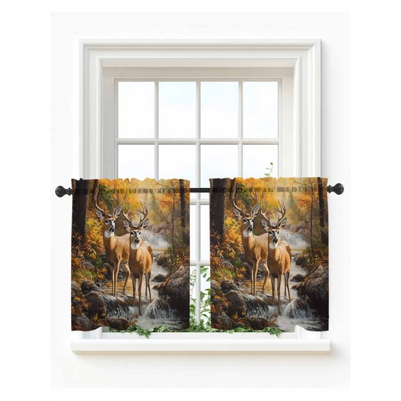 Orange Autumn Deer Tier Curtains 24 Inch Length, Sheer Curtains for Bedroom Living Room Window Vintage Forest River Rod Pocket Voile Drapes Kitchen Curtains Small Half Window 27.5"x24" 2 Panels