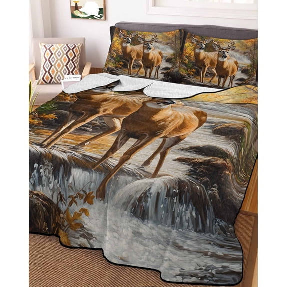 Orange Autumn Deer Twin XL Size Down Alternative Comforter, Lightweight Comforter Quilt Bedding Set with Pillow Shams Vintage Forest River All Seasons Bed Comforter Duvet Insert 68"x98"