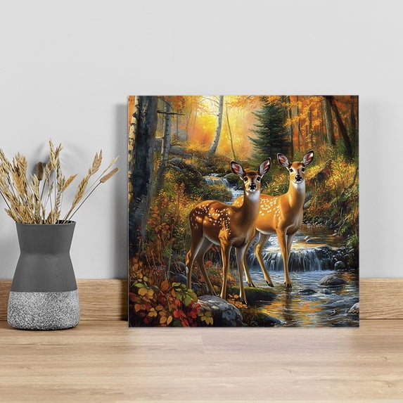 Orange Autumn Deer Wall Art Painting on Canvas, Forest Vintage Elk Canvas Art Home Prints Wall Art Framed Modern Artwork for Living Room Bedroom Wall Decor 8x8in