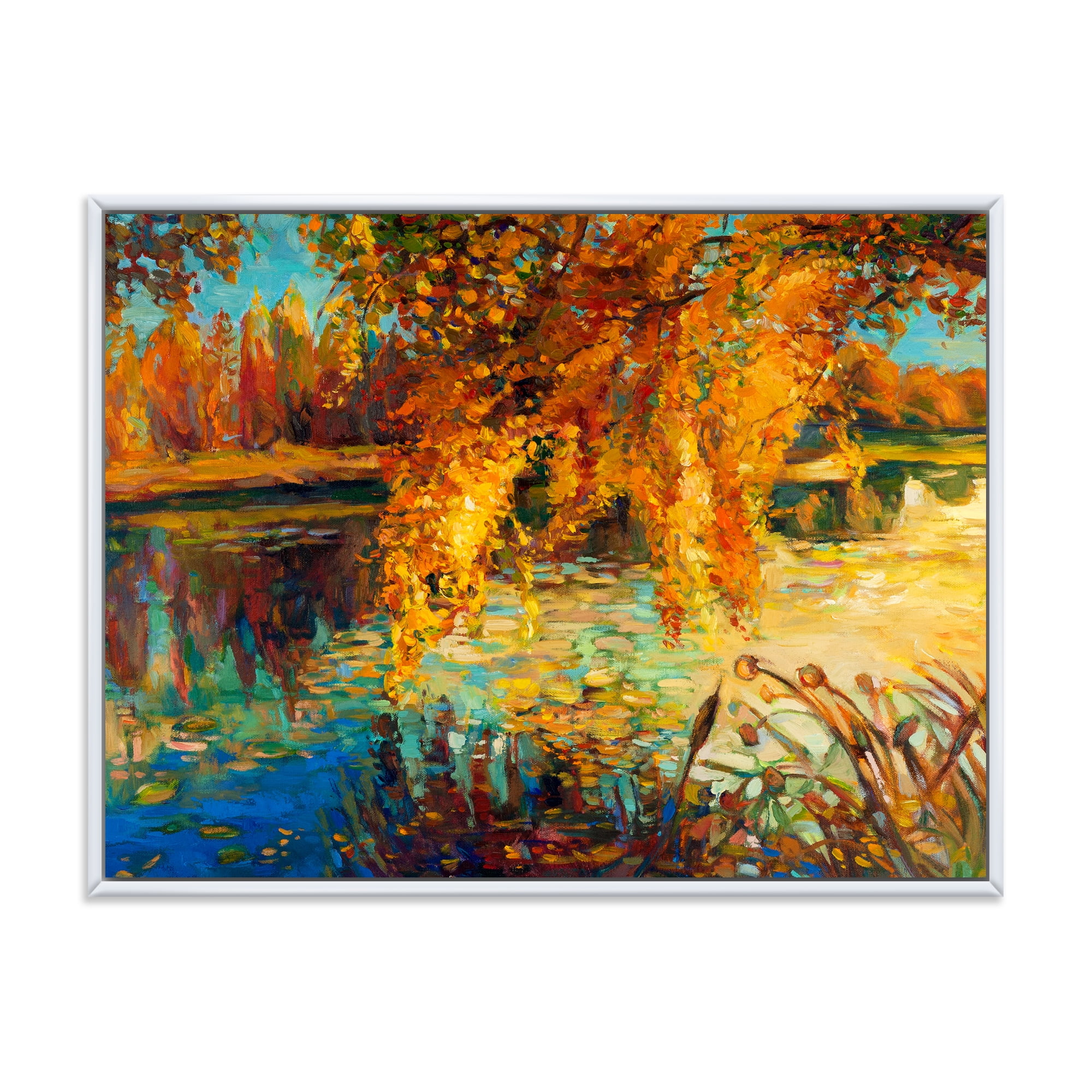 Orange Autumn Forest Reflects On River 40 in x 30 in Framed Painting Canvas Art Print, by Designart