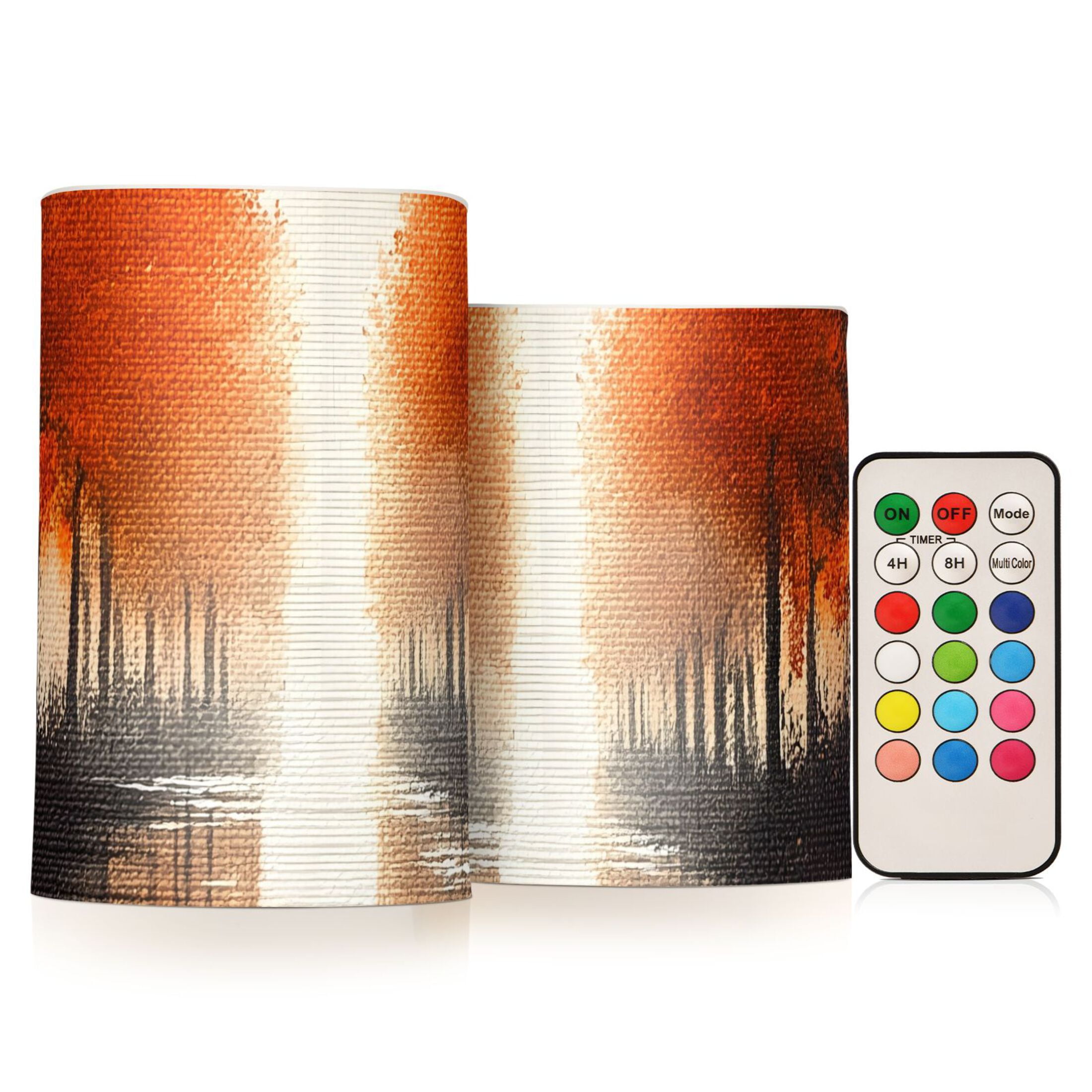 Orange Autumn Landscape Flickering Flameless Candles Battery Operated with Remote Timer LED Pillar Candles Set of 2