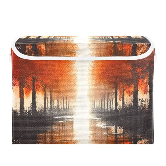 Orange Autumn Landscape Large Storage Bins with Linen Collapsible Lid Storage Box 16.7 x 12.6 x 11.8in