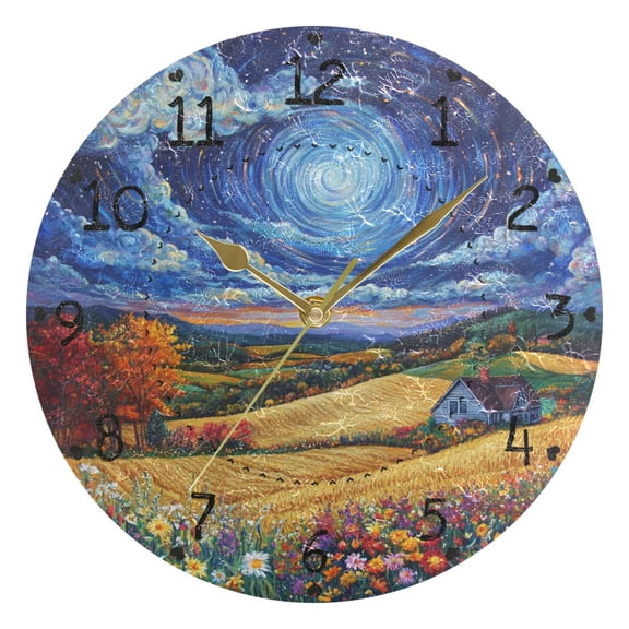Orange Autumn Landscape Round Wall Clock Silent Battery Operated Home Decor for Living Room Bedroom