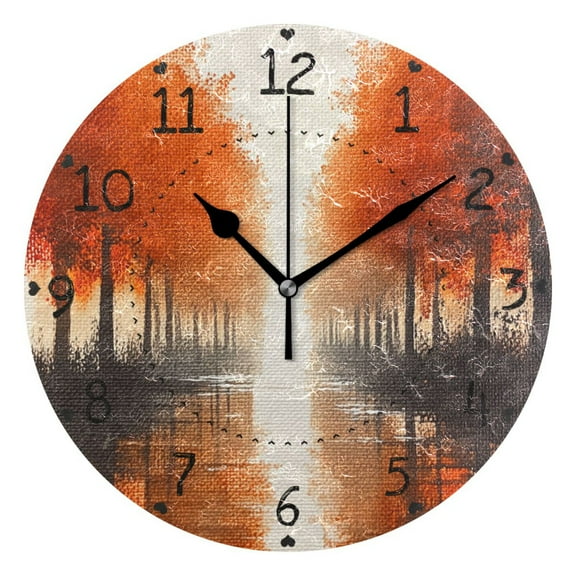 Orange Autumn Landscape Round Wall Clock Silent Battery Operated Home Decor for Living Room Bedroom