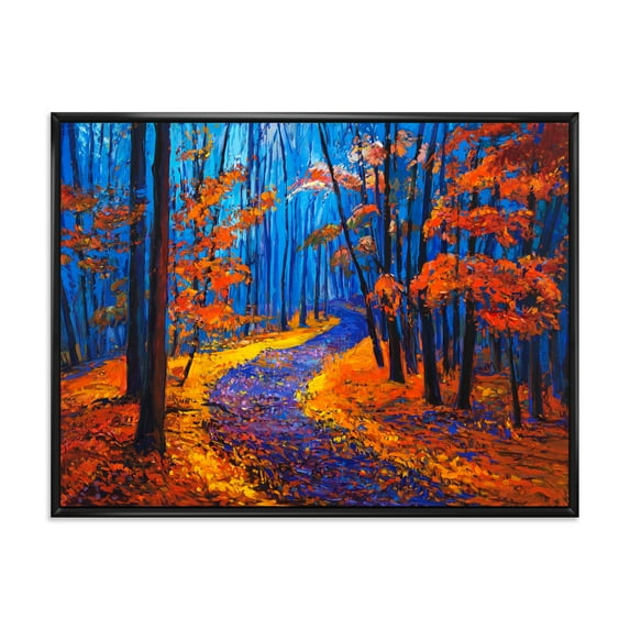 Orange Autumn Landscape With Little Road I 32 in x 16 in Framed Painting Canvas Art Print, by Designart