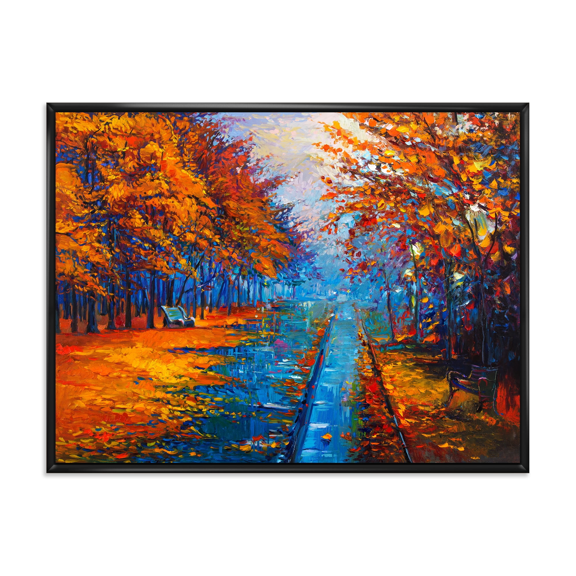 Orange Autumn Landscape With Little Road II 32 in x 24 in Framed Painting Canvas Art Print, by Designart