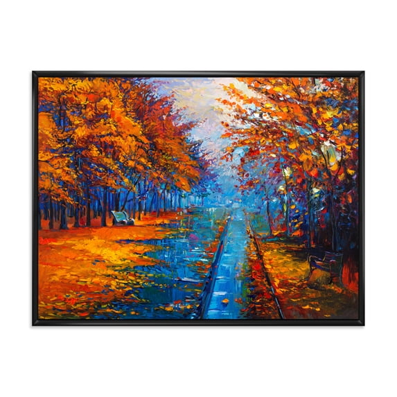 Orange Autumn Landscape With Little Road II 32 in x 24 in Framed Painting Canvas Art Print, by Designart