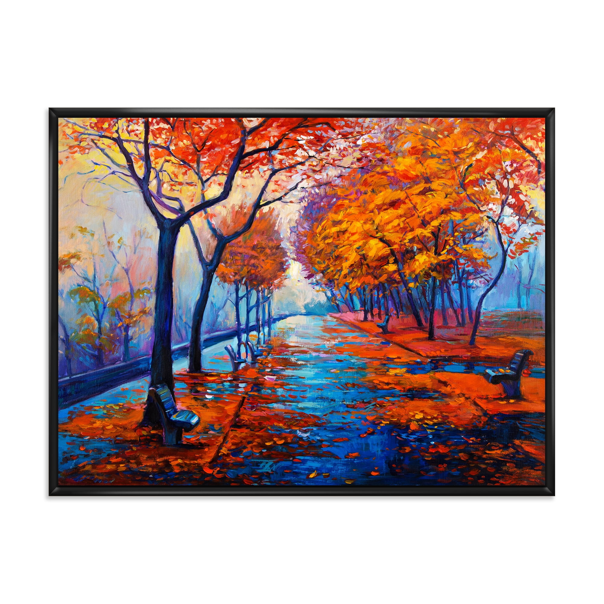 Orange Autumn Landscape With Little Road III 32 in x 16 in Framed Painting Canvas Art Print, by Designart
