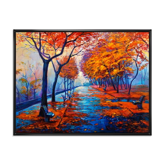 Orange Autumn Landscape With Little Road III 40 in x 30 in Framed Painting Canvas Art Print, by Designart