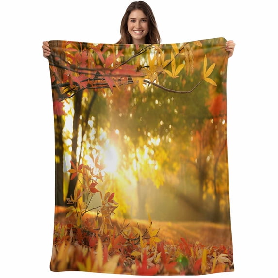 Orange Autumn Leaves Blanket Soft Cozy Warm Throw Blanket for Couch, Plush Fuzzy Flannel Fleece Blankets for Sofa, Fall Trees Forest Country Rustic Bed Blankets Lightweight Gifts for Women, 32"x48"