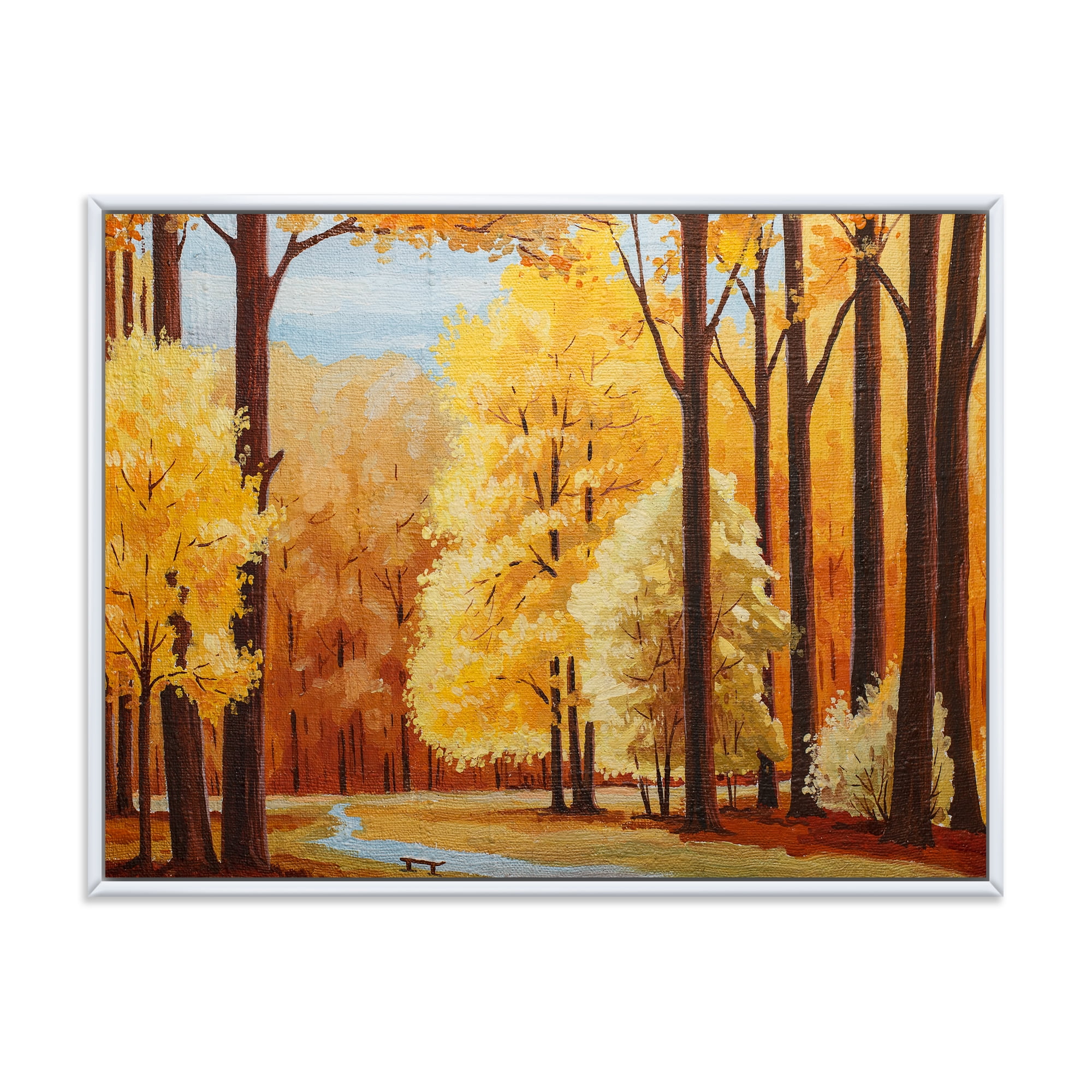 Orange Autumn Trees At Sunrise 40 in x 30 in Framed Painting Canvas Art Print, by Designart
