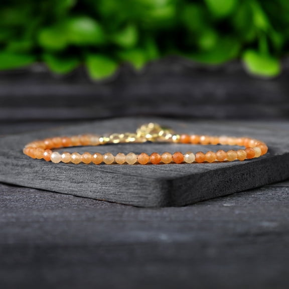 Orange Aventurine 3mm Round Shape Faceted Cut Beads 7 inch Adjustable Gold Plated Clasp Bracelet for men, women, unisex. Link Chain Stacking Bracelet.|LINK_05224