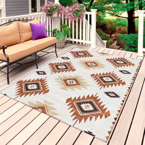 Orange Aztec Outdoor Rug 3x5 Ft, Non Slip Washable Area Rug, Southwest Neutral Abstract Geometric Art Patio Rugs Carpet Runner, Large Floor Mat for Indoor/Outdoor Deck Porch Camping