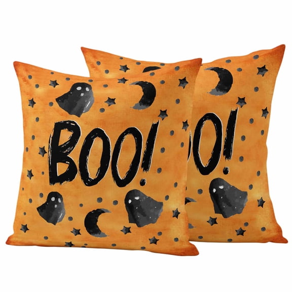 Orange BOO Halloween Outdoor Waterproof Pillow Covers, Cute Ghost Spooky Star Moon Dots Decorative Square Throw Pillowcase Sofa Cushion Sham for Patio/Couch/Chair, 20"x20" 2 Pack
