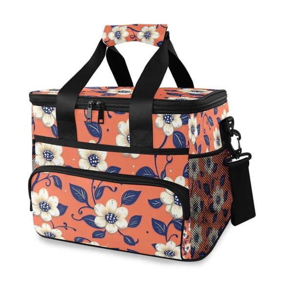 Orange Background with Cream Flowers Insulated Lunch Bag 15L Cooler Box for Women Men Work Camping Beach Travel
