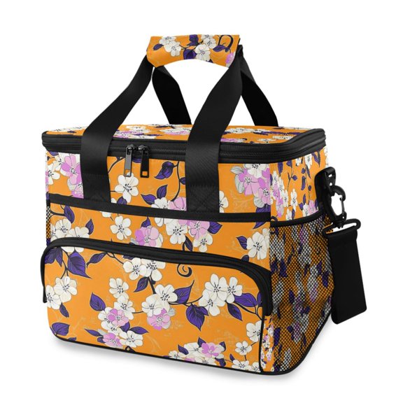 Orange Background with White and Purple Flowers Insulated Lunch Bag 15L Cooler Box for Women Men Work Camping Beach Travel