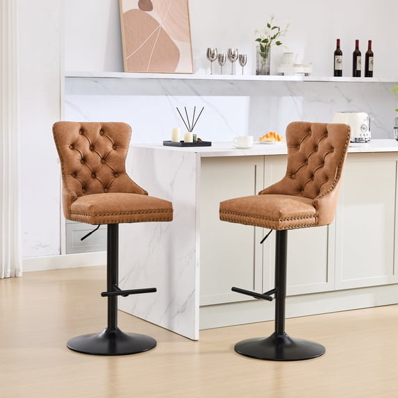 Orange Bar Stools with 25 - 33 Inch Adjustable Seat / Hand - made Hem and Durable Spring Cushion, Set of 2