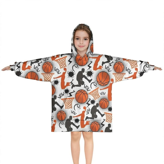 Orange Basketball Players Pattern Blanket Hoodies for Kids 6-13YR Oversize Wearable Blanket Hoodies for Boys Girls Teens