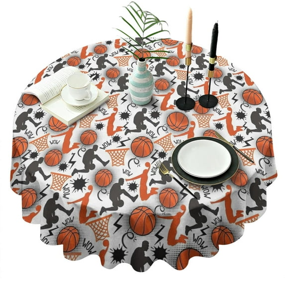 Orange Basketball Players Pattern Round Tablecloth 60"x60",Wrinkle Wipeable Table Cloth for Kitchen Dining Room Picnic Patio Party
