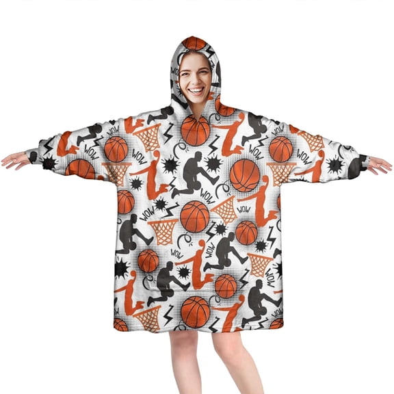 Orange Basketball Players Pattern Wearable Oversized Blanket,Wearable Blanket Hoodie for Adults,Cozy Hooded Blankets with Super Pockets,Super Warm Fuzzy Pullover for Women & Men