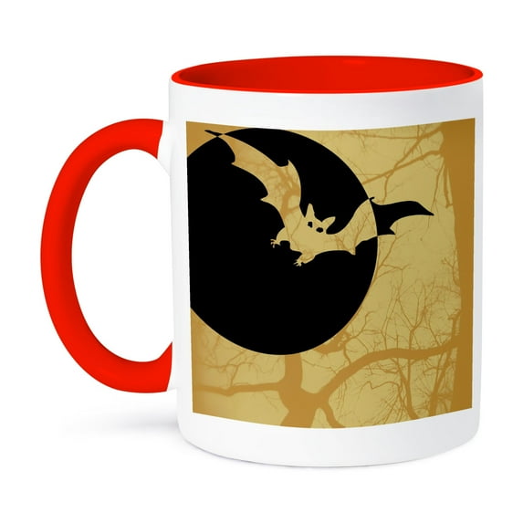 3dRose, Orange Bat and Full Moon- Halloween Art- Spooky Designs, 15oz Two-Tone Red Mug