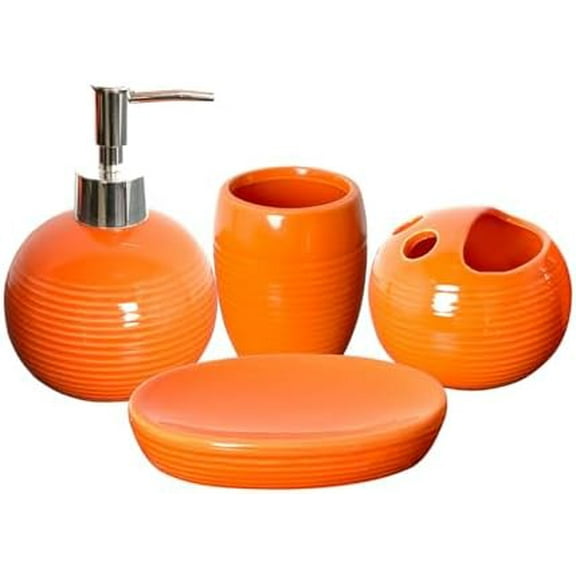 Orange Bathroom Accessories Set 4 Pcs, Ceramic Bathroom Accessory Set with Lotion Soap Dispenser, Toothbrush Holder, Bathroom Tumbler and Soap Dish,Orange Bathroom Decor