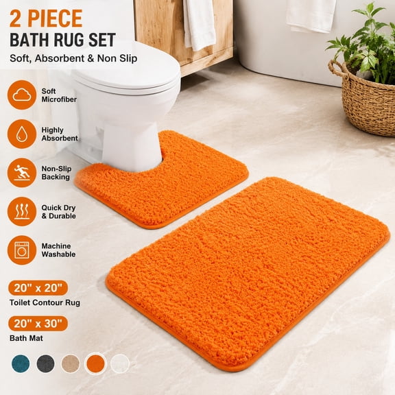 Orange Bathroom Rugs Set 2 Piece, Soft Absorbent Microfiber Bath Mat, Non-Slip Quick Dry Machine Washable Plush Shaggy Rugs for Tub & Shower, 16x24 inches