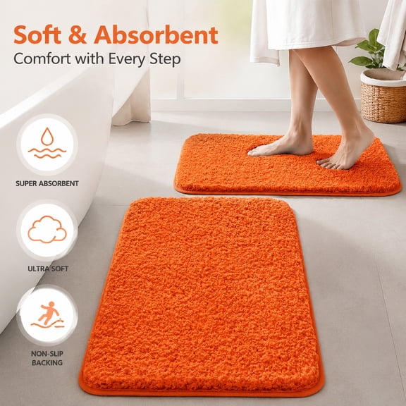 Orange Bathroom Rugs Set 2 Piece, Soft Absorbent Microfiber Bath Mat, Non Slip Quick Dry Plush Shaggy Floor Rugs for Tub and Shower, 16x24 inches