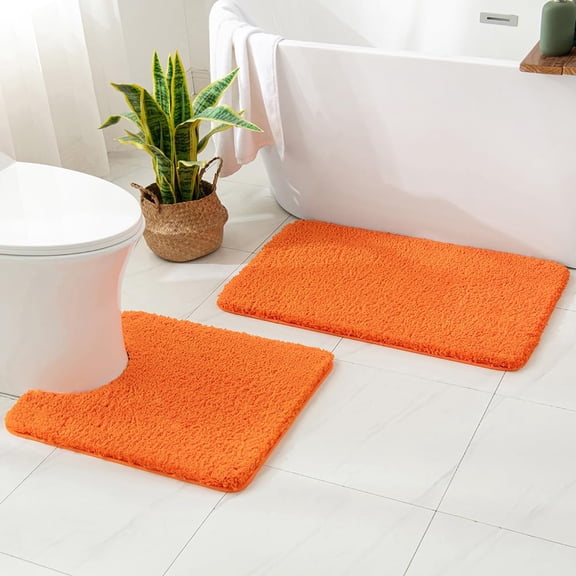 Orange Bathroom Rugs Set 2 Piece, Soft Absorbent Microfiber Bath Mat Set, Non Slip Quick Dry Machine Washable Plush Shaggy Bath Rugs for Bathroom Floor, Tub and Shower, 16x24 inches