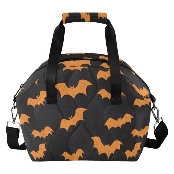 Orange Bats Pattern Women Lunch Bag Quilted Insulated Water Resistant Tote for Work and Picnic