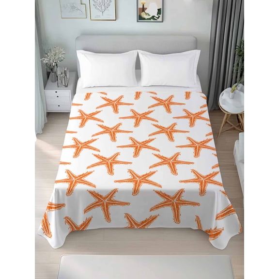 Orange Beach Starfish California King Size Flat Sheet, Wrinkleproof & Fadeproof Cooling Flat Bed Sheet Only, Summer Ocean Nautical Coastal Breathable Soft Bedding Top Sheets 108 x 98 Inches