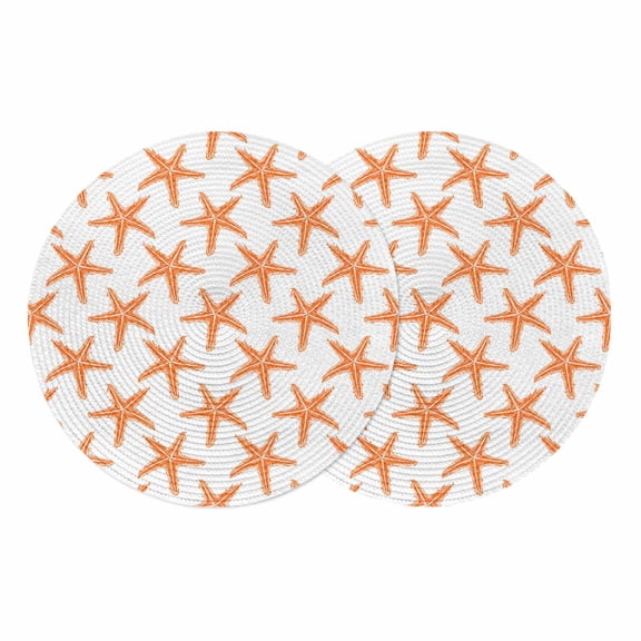 Orange Beach Starfish Round 13 Inch Placemats Set of 2, Summer Ocean Nautical Coastal HeatResistant Non Slip Place Mats for Dining Table, Wipeable Braided Kitchen Table Mats for Housewarming
