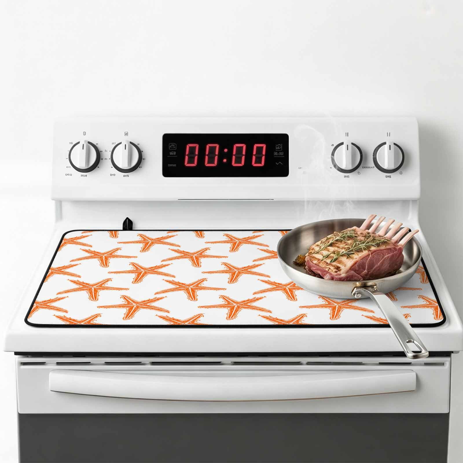 Orange Beach Starfish Stove Top Cover for Electric Stove, Heat-proof & Non Slip Glass Top Stove Cover Protector, Summer Ocean Nautical Coastal Kitchen Flat Cooktop Rubber Mat 24x21 Inches