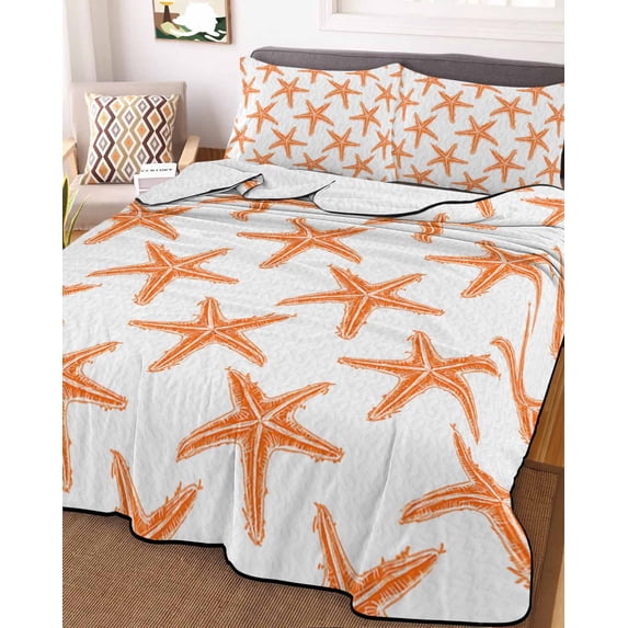 Orange Beach Starfish Twin Size Down Alternative Comforter, Lightweight Comforter Quilt Bedding Set with Pillow Shams Summer Ocean Nautical Coastal All Seasons Bed Comforter Duvet Insert 68"x86"