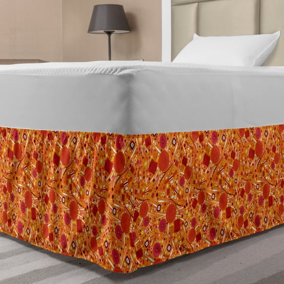 Orange Bed Skirt, Continuous Pattern Sketch of Tailoring Materials in Tangerine Tones, Elastic Bedskirt Dust Ruffle Wrap Around for Bedding Decor, 4 Sizes, Vermilion and Multicolor, by Ambesonne