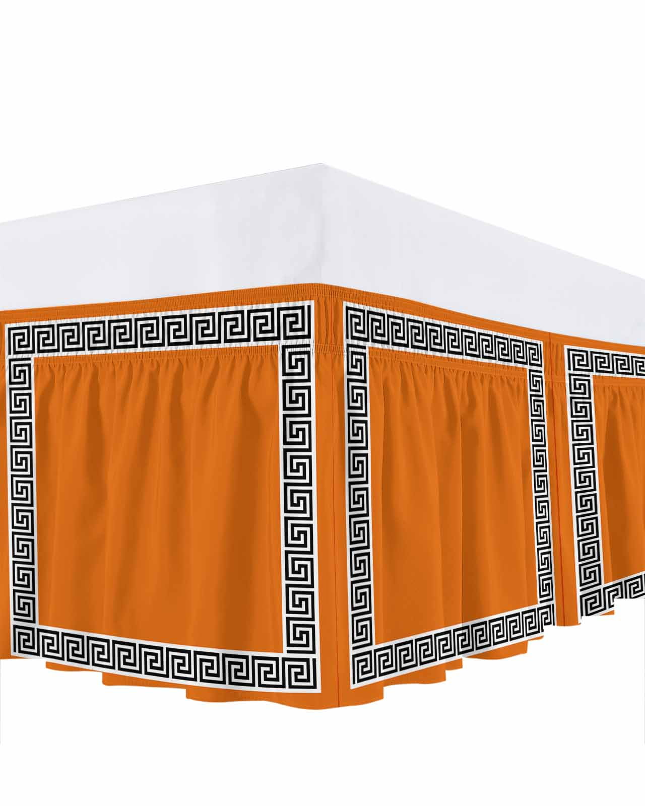 Orange Bed Skirt Greek Chinese Style Border Geometric Bed Skirts Queen Size 18 Inch Drop, Wrap Around Dust Ruffle&nbsp;Bedskirt with Adjustable Elastic Belt for Queen Size Beds