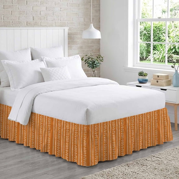 Orange Bed Skirt Queen Size 16 Inch Drop, Autumnal Rustic Vertical Dashed Lines Shabby Chic Leaf Adjustable Elastic Dust Ruffles Bedskirt for Queen Bed Wrap Around Pleated Mattress Frame Cover