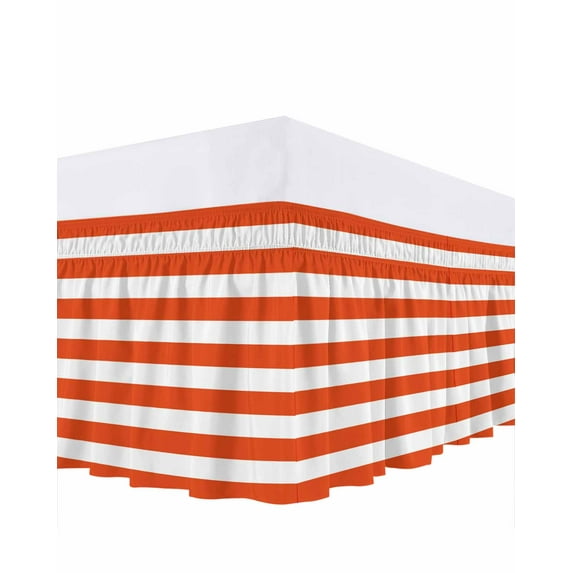 Orange and Bed Skirt Queen Size 18 Inch Drop, White Stripes Wrap Around Dust Ruffle Bedskirts, Wrinkle & Fade Resistant Easy Fit Bedskirt with Adjustable Elastic