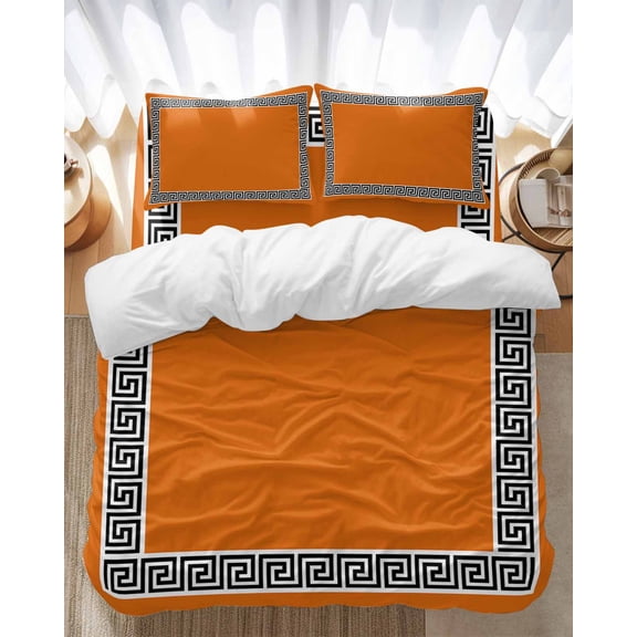 Orange Bedding Duvet Cover Set Queen Size 4 Pieces Greek Chinese Style Border Geometric Bedding Set with Zipper Closure, 1 Comforter Cover 90x92 Inches 1 Flat Sheet & 2 Pillow Cases