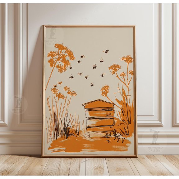 Orange Beehive Poster, Minimal Bee Garden Line Art Nature Print, Poster Only