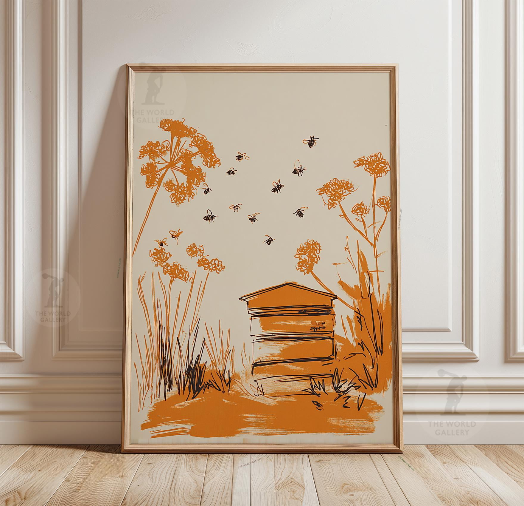 Orange Beehive Poster, Minimal Bee Garden Line Art Nature Print ...