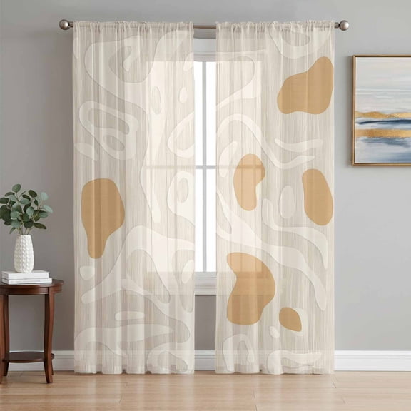 Orange Beige Abstract Sheer Curtains 63 Inch Length 2 Panels Set, Modern Vintage Geometric Voile Window Treatment Rod Pocket Curtains Sheers Drapes for Bedroom/Living Room/Kitchen 52x"63"x2