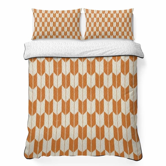 Orange Beige Arrow 3 Piece Quilt Bedding Set with 2 Pillow Shams, Abstract Japanese Orange Beige Arrow Lightweight Bedspread Coverlet, Soft Breathable All Season Quilt, 79 x 90 Inch