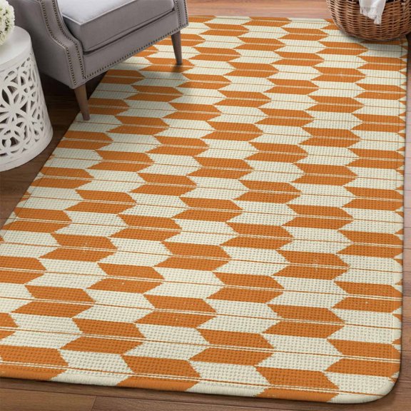 Orange Beige Arrow Area Rugs for Living Room 5x6, Abstract Japanese Orange Beige Arrow Washable Area Rug with Non Slip Backing, Stain Resist Linen Carpet for Bedroom, Dining Room, Entryway, Entrance