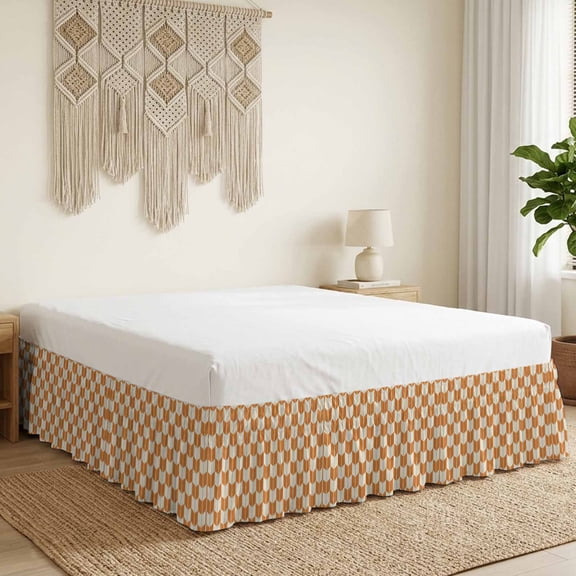 Orange Beige Arrow Bed Skirt Bed Skirts Queen Size 16 Inch Drop, Abstract Japanese Orange Beige Arrow Wrap Around Dust Ruffle Bedskirt with Adjustable Elastic Belt for Queen Size Beds