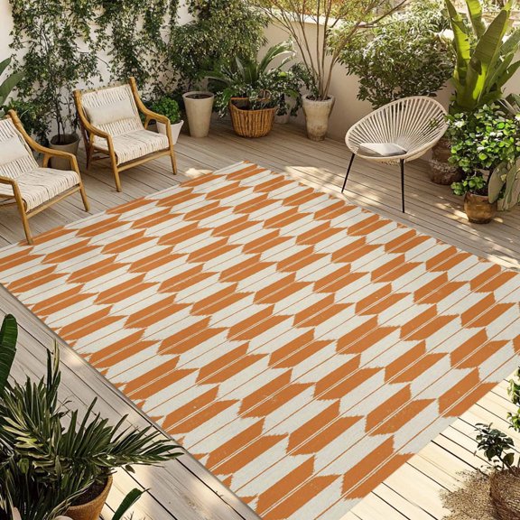 Orange Beige Arrow Outdoor Rug, Abstract Japanese Orange Beige Arrow Non-Slip Area Rugs Carpet Breathable Large Floor Mat for Outdoors Patio Porch Deck Beach 4’ x 6’
