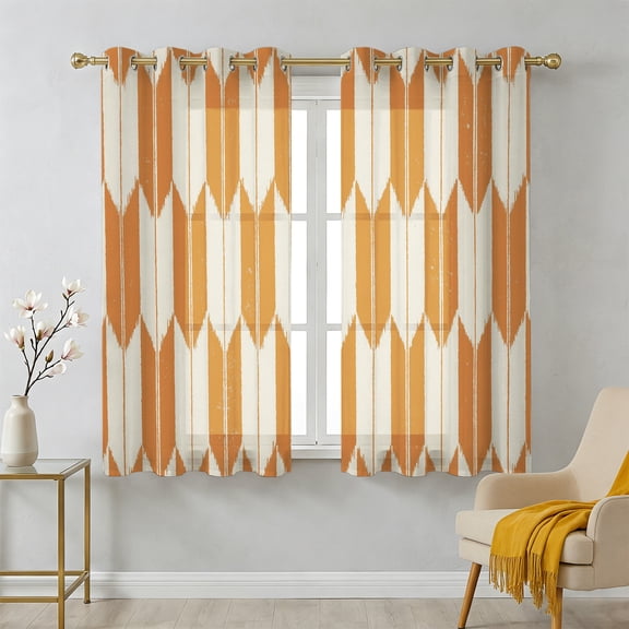 Orange Beige Arrow Sheer Curtains 45 Inch Long 2 Panels, Abstract Japanese Orange Beige Arrow Light Filtering Semi Sheer Drapes Grommet Voile Window Curtain for Living Bedroom W42 x L45