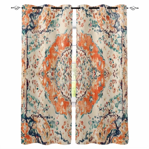 Orange Beige Boho Blackout Curtains for Bedroom/Living Room, Thermal Insulated Kitchen Curtains, Vintage Ethnic Abstract Art Floral Grommet Darkening Window Treatment Drapes 42"x63"x2