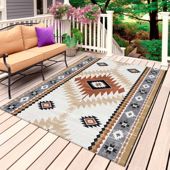 Orange Beige Boho Outdoor Rug 4x6 Ft, Non Slip Washable Area Rug, Vintage Ethnic Tribal Southwestern Patio Rugs Carpet Runner, Large Floor Mat for Indoor/Outdoor Deck Porch Camping